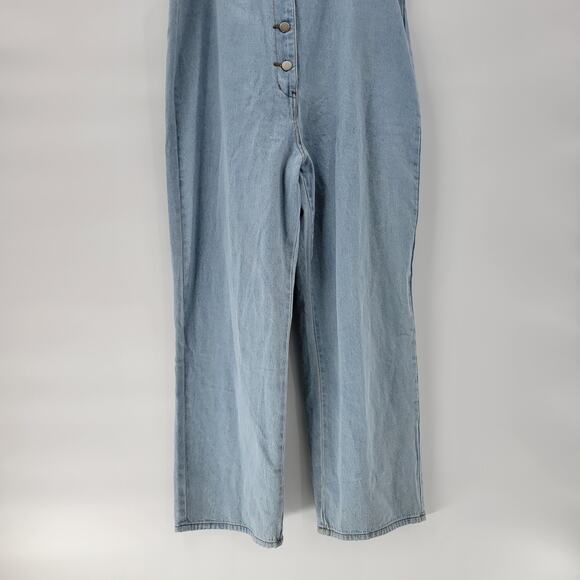 Polagram Overalls Button Up Denim Jumpsuit Womens L Blue Light Wash Ruffle Strap - Picture 13 of 16